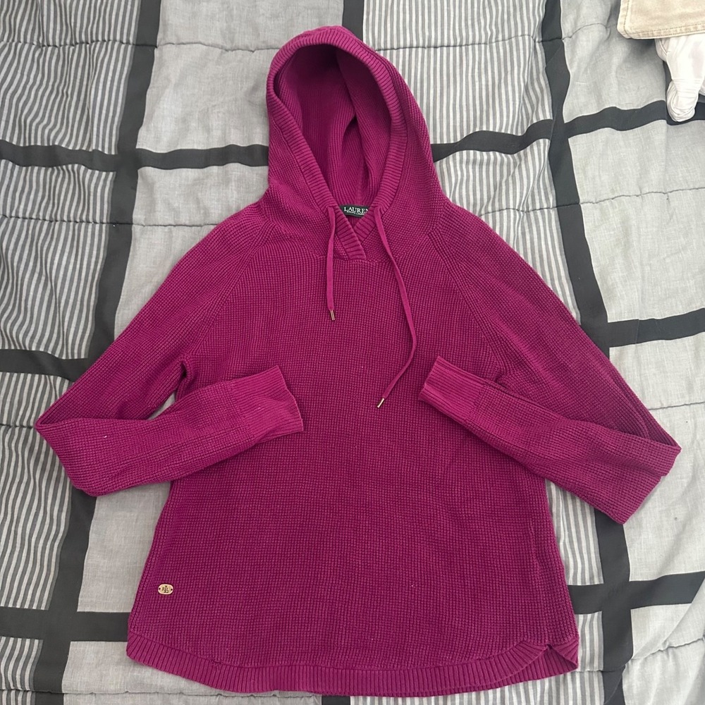 Lauren Ralph Lauren Sweater Womens Medium Purple Hooded Waffle Knit Pullover